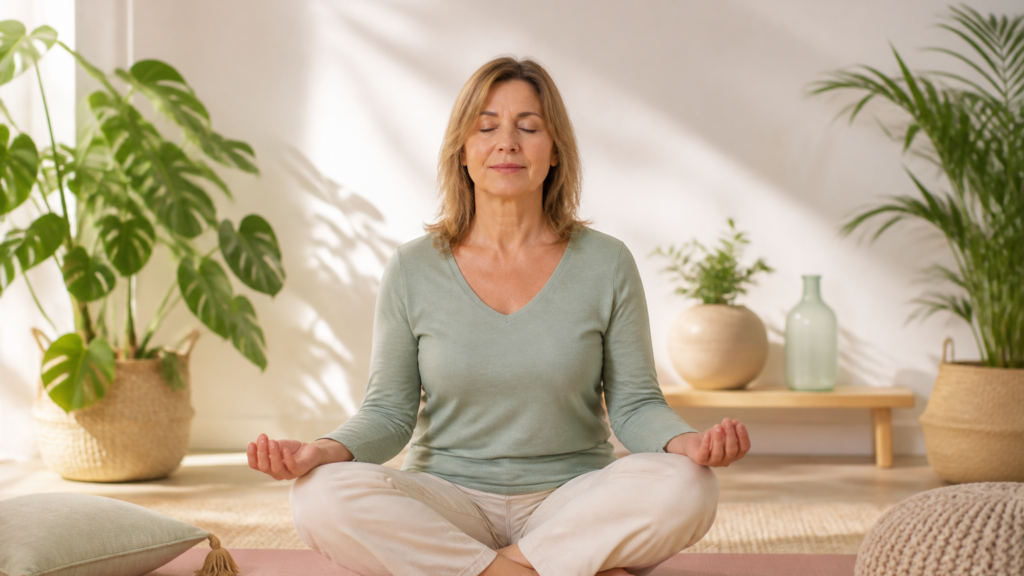 Femme pratiquant le yoga doux en posture assise de méditation dans un intérieur lumineux et apaisant