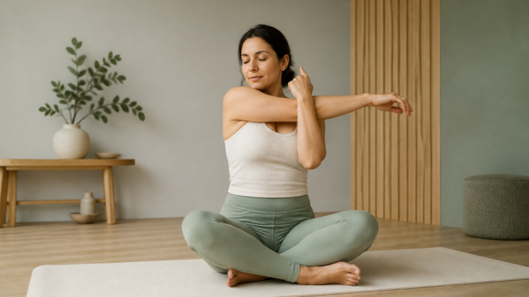 Femme dans un intérieur calme effectuant un étirement doux du haut du dos sur un tapis de yoga