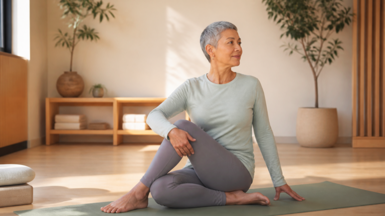 Personne senior pratiquant une posture de yoga assise dans un studio lumineux et calme