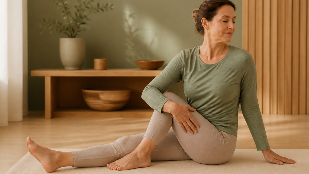 Femme pratiquant un étirement doux du bas du dos dans une pièce lumineuse et apaisante avec un tapis de yoga