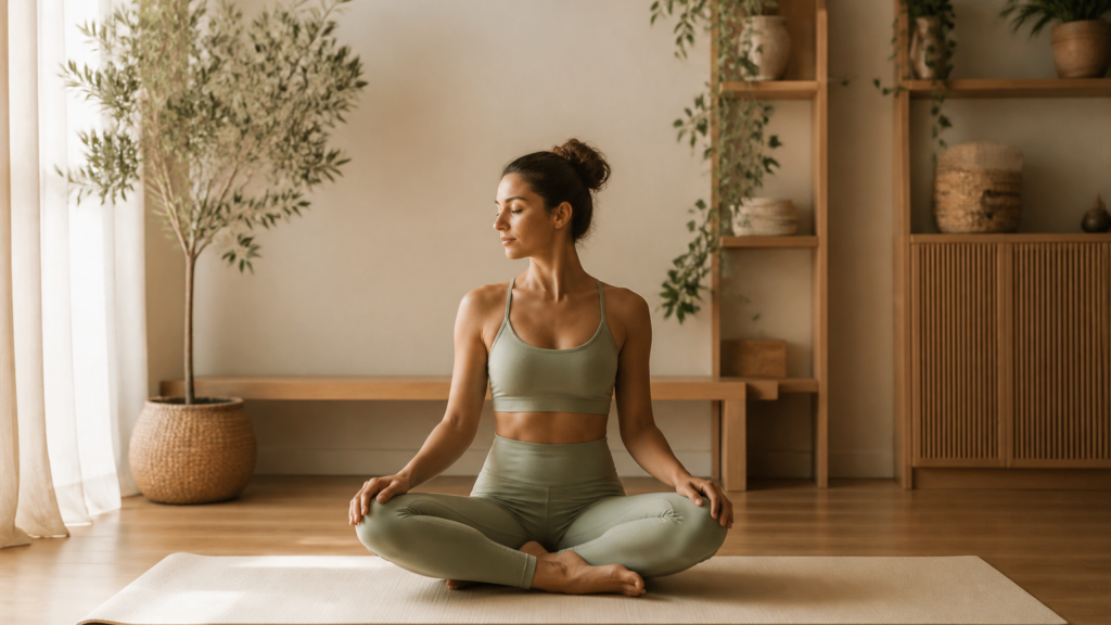 Personne en posture de yoga assise dans un intérieur calme, lumière naturelle douce, ambiance relaxante