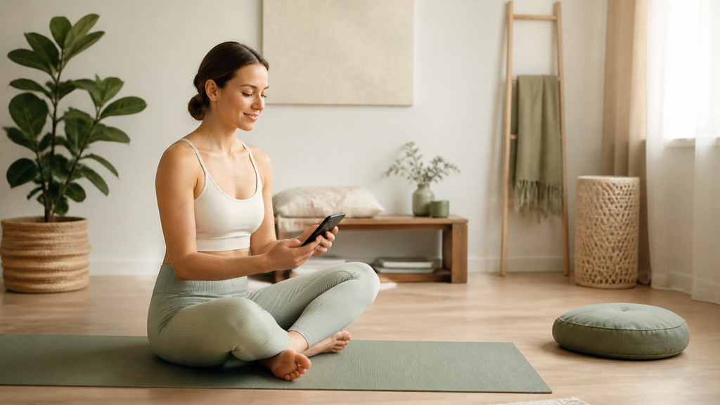 Personne assise confortablement sur un tapis de yoga, utilisant une application de cohérence cardiaque sur smartphone dans un intérieur lumineux et apaisant