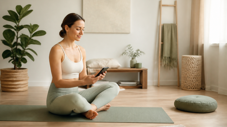 Personne assise confortablement sur un tapis de yoga, utilisant une application de cohérence cardiaque sur smartphone dans un intérieur lumineux et apaisant