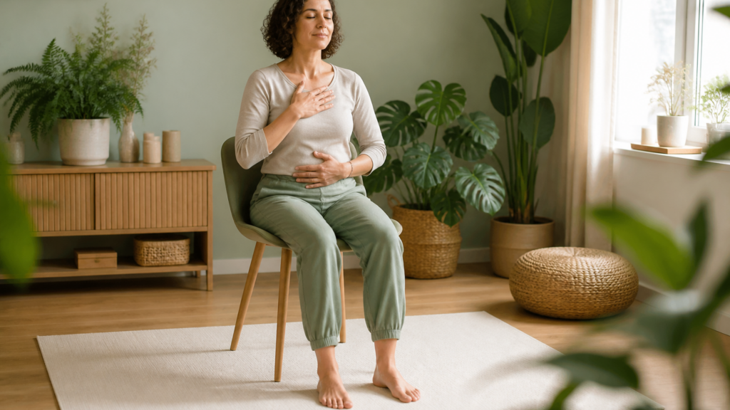 Femme assise en posture confortable exécutant une séance de cohérence cardiaque au calme dans un intérieur lumineux et doux