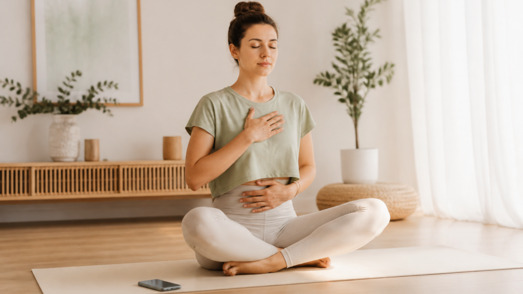 Personne assise en posture confortable, pratiquant la respiration guidée avec une application de cohérence cardiaque dans un intérieur calme.