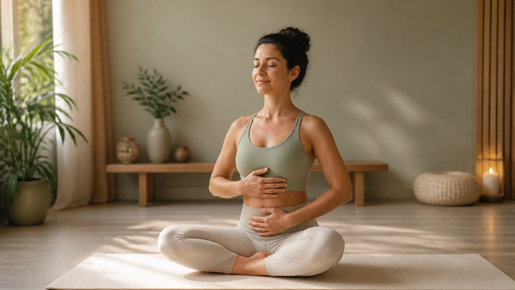 Personne assise en posture confortable de respiration dans un intérieur doux et calme, ambiance zen avec tapis de yoga crème et lumière naturelle