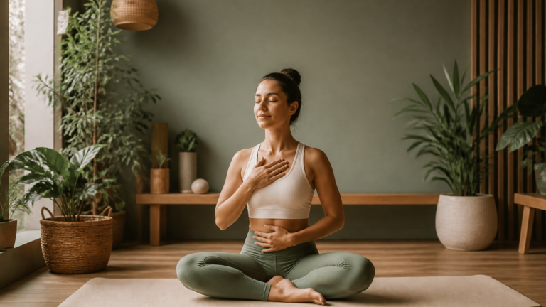 Personne assise en posture confortable sur un tapis de yoga dans une pièce lumineuse avec ambiance zen, respirant calmement pour une séance de cohérence cardiaque