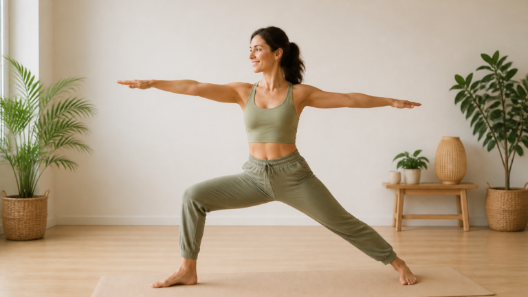Femme pratiquant une séance de yoga débutant dans un studio lumineux avec un tapis beige, en posture stable et confortable
