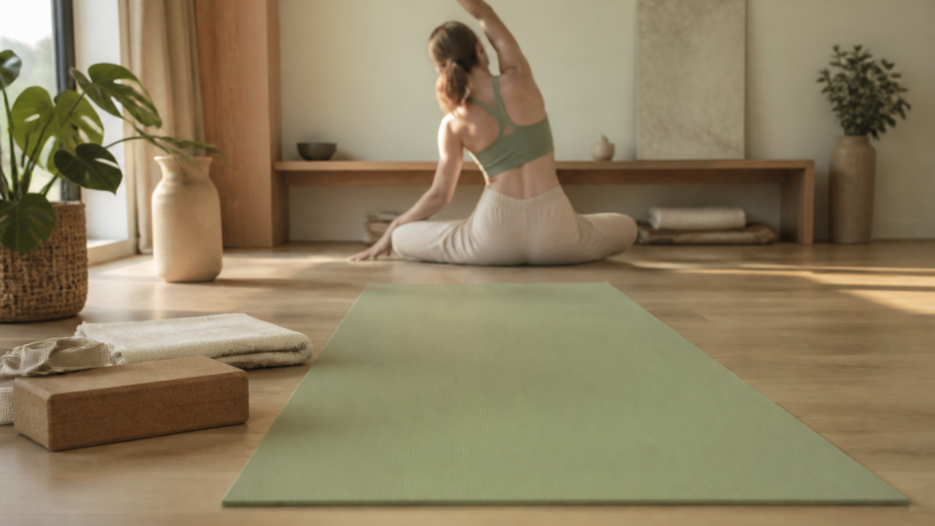 Tapis de yoga couleur sauge dans un intérieur clair et paisible, ambiance bien-être douce et naturelle