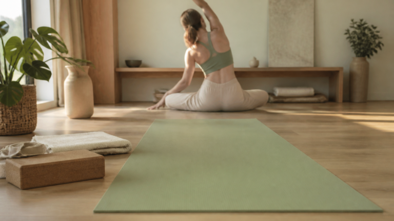 Tapis de yoga couleur sauge dans un intérieur clair et paisible, ambiance bien-être douce et naturelle