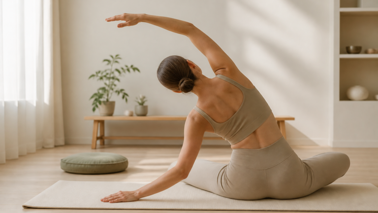 Personne pratiquant une posture douce de yoga dans un studio lumineux calme avec tapis crème et coussin sauge, ambiance zen et apaisante
