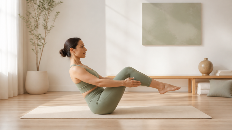 Femme pratiquant une posture simple de Pilates dans un studio lumineux et calme