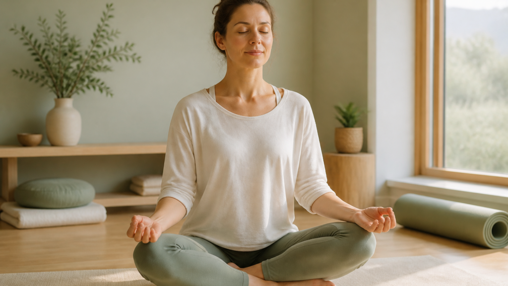 Personne assise en tailleur dans un intérieur calme, pratiquant un exercice de respiration pour réduire le stress.