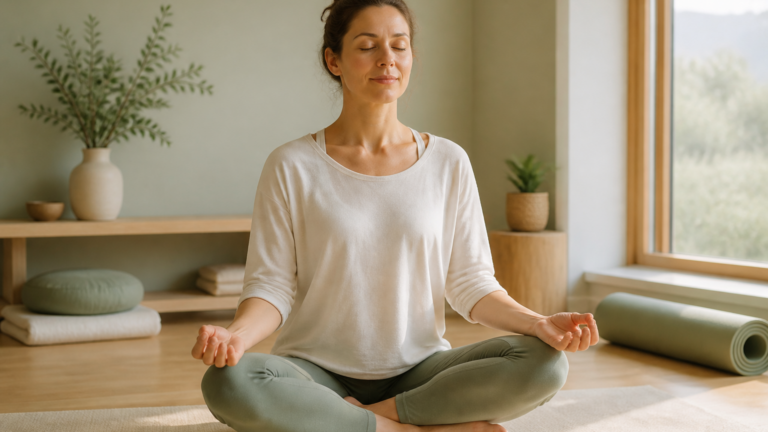 Personne assise en tailleur dans un intérieur calme, pratiquant un exercice de respiration pour réduire le stress.