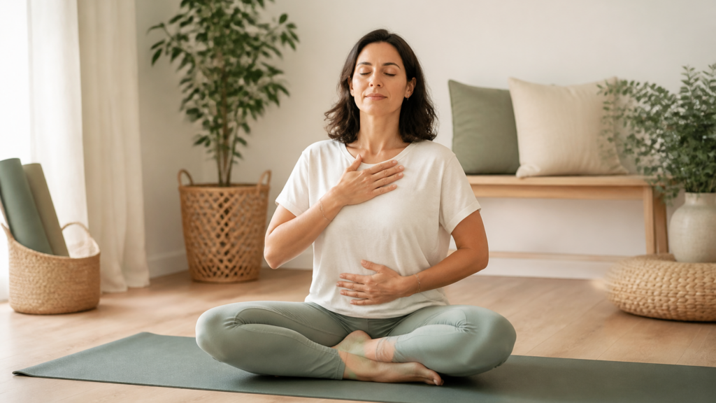 Femme en posture assise de respiration yogi, yeux fermés, dans un intérieur calme et lumineux, illustrant la détente et la douceur