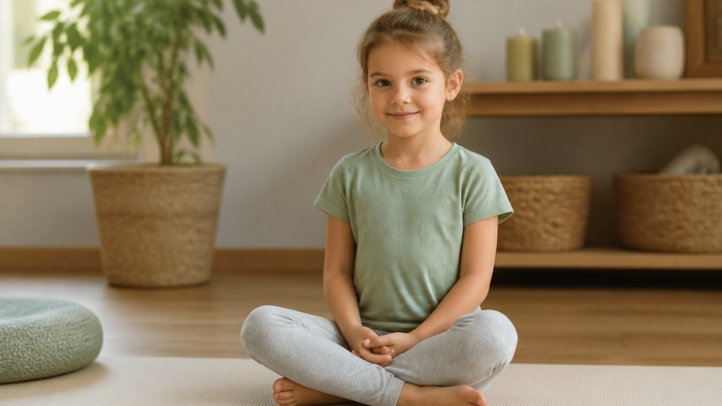 Enfant assis en posture confortable sur un tapis de yoga dans un intérieur calme, illustrant la pratique douce de la cohérence cardiaque