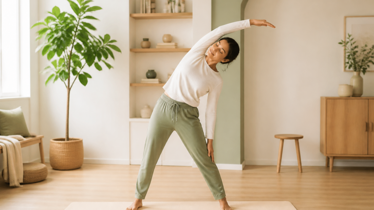 Femme pratiquant un étirement latéral doux dans un studio de yoga lumineux aux tons crème et sauge