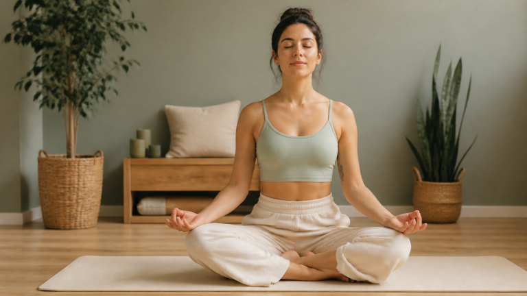 Jeune femme en posture de méditation assise sur un tapis de yoga dans un studio lumineux et calme, ambiance douce et naturelle.