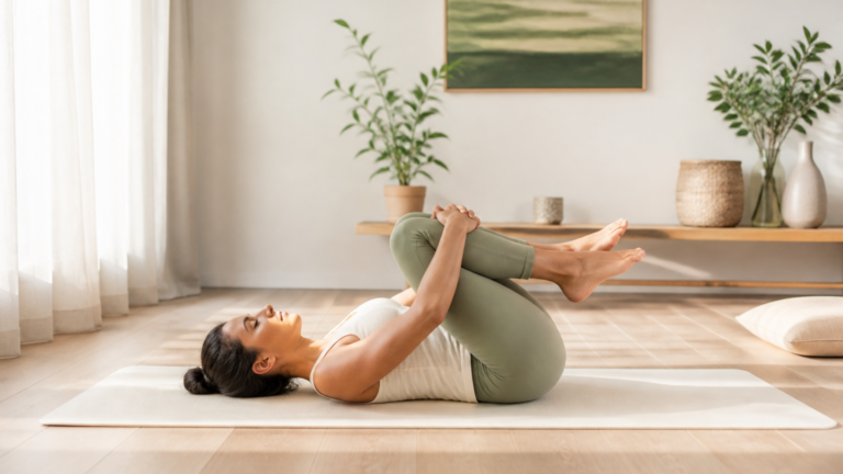 Femme pratiquant un étirement doux du dos lombaire allongée sur un tapis de yoga dans un intérieur calme et lumineux