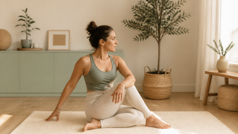 Femme pratiquant une posture de yoga douce dans un intérieur calme avec lumière naturelle, ambiance apaisante et naturelle
