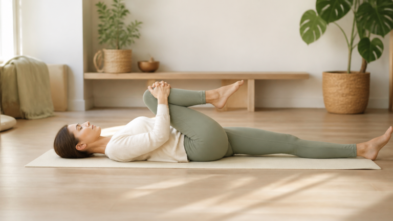 Personne pratiquant un étirement doux du dos dans un intérieur calme et lumineux sur un tapis de yoga