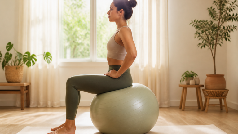 Personne assise sur un ballon Pilates dans un intérieur lumineux et calme, en posture détendue et stable