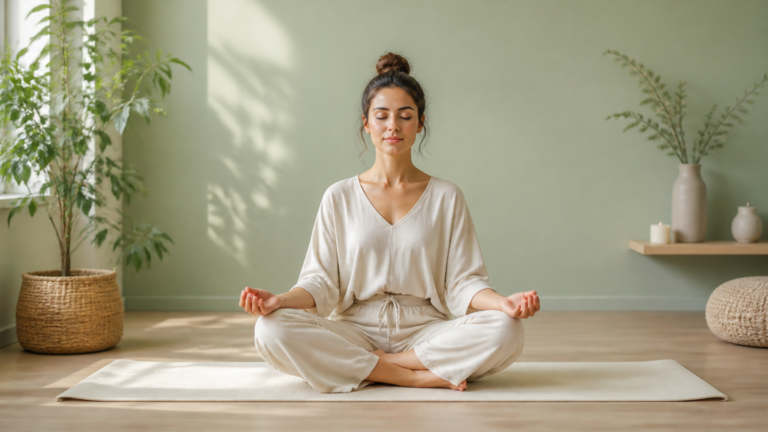 Personne pratiquant une posture simple de yoga assise jambes croisées dans un intérieur calme et lumineux, ambiance douce et naturelle.
