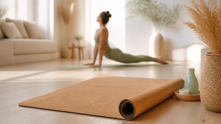 Tapis de yoga en liège installé dans un intérieur lumineux et apaisant, ambiance calme avec sol en bois clair