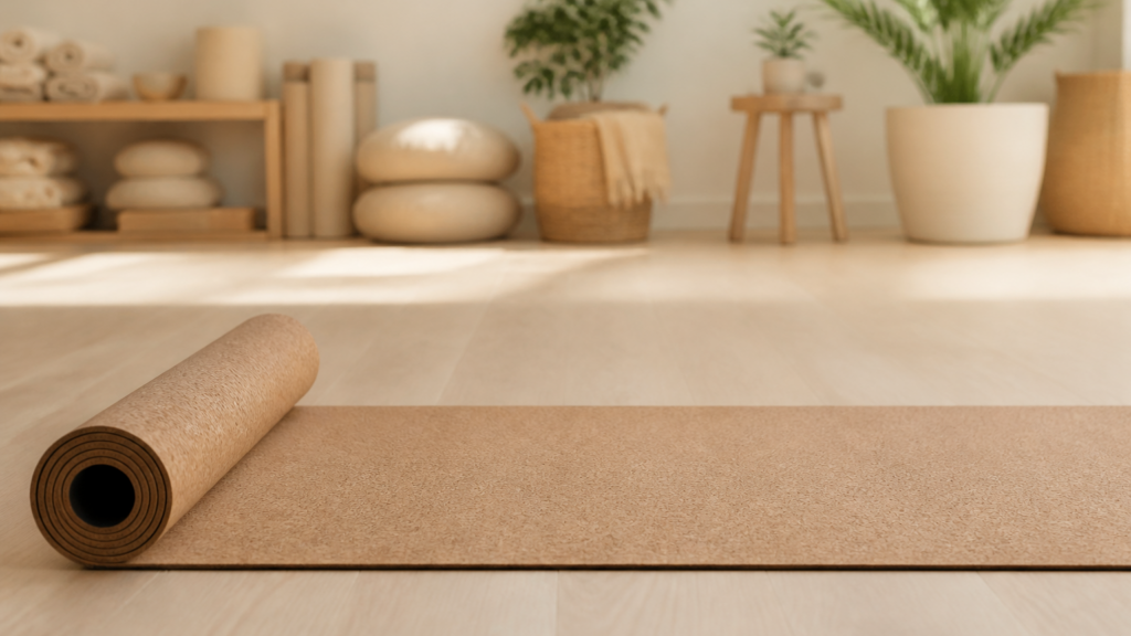 Tapis de yoga naturel en liège dans un studio calme et lumineux