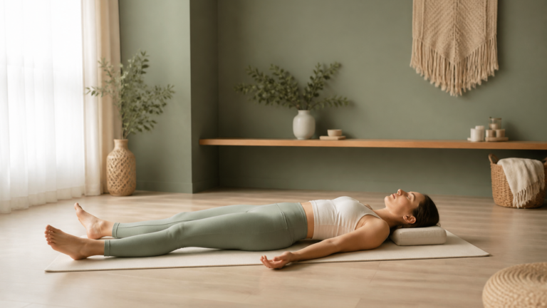 Personne allongée en posture de yoga nidra dans un studio lumineux et calme